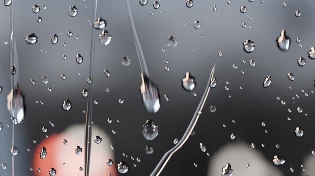 Dripping water droplets forming thin streaks on window at night, gravity pulling drops down
