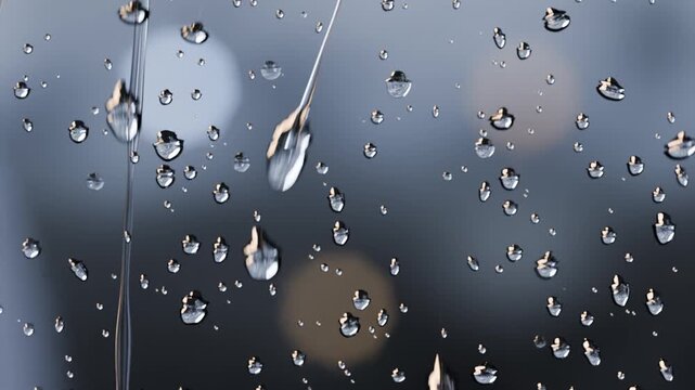 Collecting water droplets at window forming streaks and sliding from light rain with bokeh lights