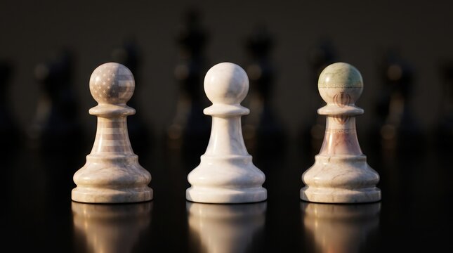 Three marble chess pawns displaying national symbols standing together on dark reflective surface background with set against dark blurred background