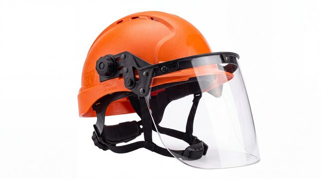 Bright orange industrial hard hat with clear protective face shield isolated on white background