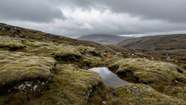 A serene misty mountain landscape featuring moss-covered rocks, a reflective pond, and rolling hills under an overcast sky.