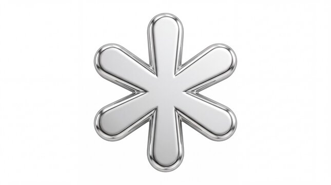 Shiny metallic asterisk symbol rendered with high gloss reflective surfaces presented clearly on white background
