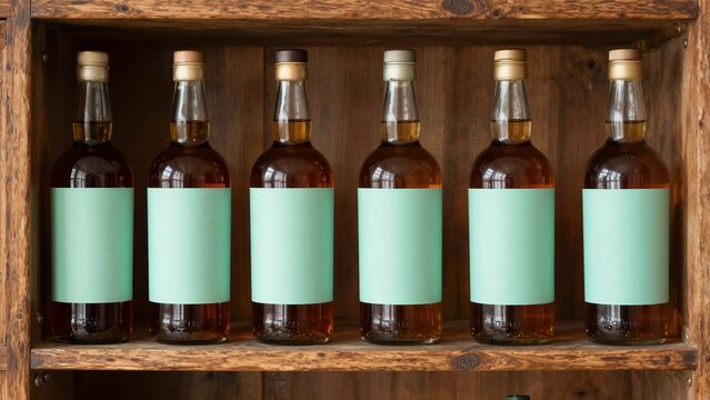 Six whisky bottles with blank mint labels sit neatly aligned inside a rustic wooden cabinet, showcasing amber liquid and vintage charm.
