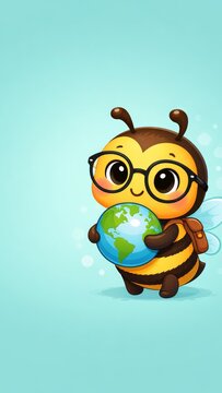 Cute cartoon bee character holding a globe wearing glasses and a backpack on a blue background for kids education poster and wallpaper about earth and nature