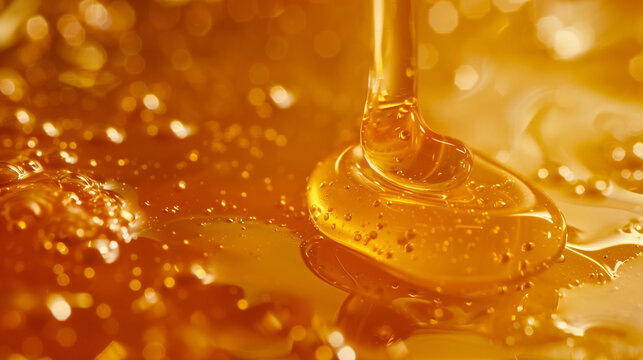 Golden Honey Drizzling in Macro Close-Up with Glowing Bokeh Background