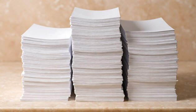 Three neat stacks of white paper sheets arranged on a light wooden background for office concepts