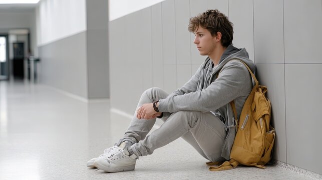Side view of sad teenage boy sitting with backpack in school corridor hyper realistic and texture 