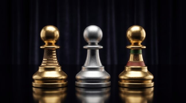 Three chess pawns representing global diplomatic relations standing proudly upon a reflective black surface backdrop with distinct patterns standing