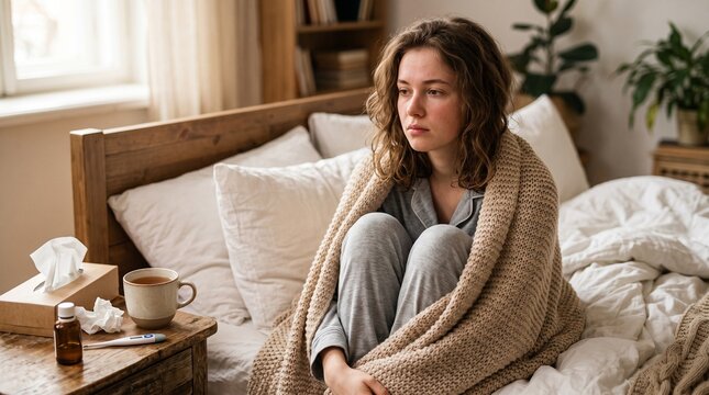 Sick young woman resting in soft beige knitted blanket while sitting on comfortable bedroom bed
