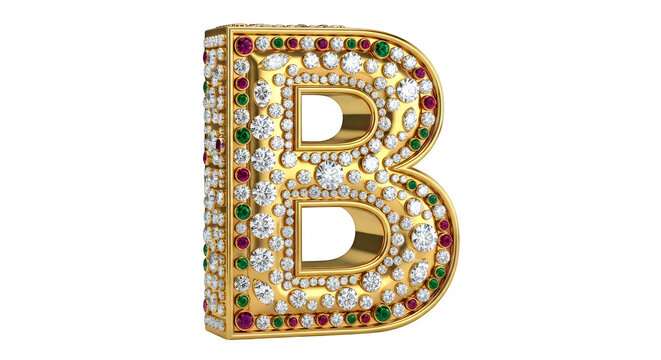 Glossy gold embossed letter B with colorful gemstone and diamond accents design transparent background