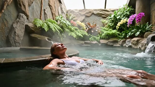 Woman enjoying luxurious hot spring pool in tropical spa