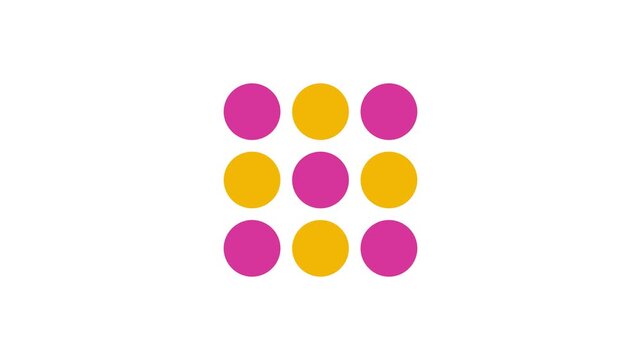 A 3x3 grid of nine magenta and yellow circular dot nodes morphs its outline paths row by row into square pixel blocks then morphs back to circles