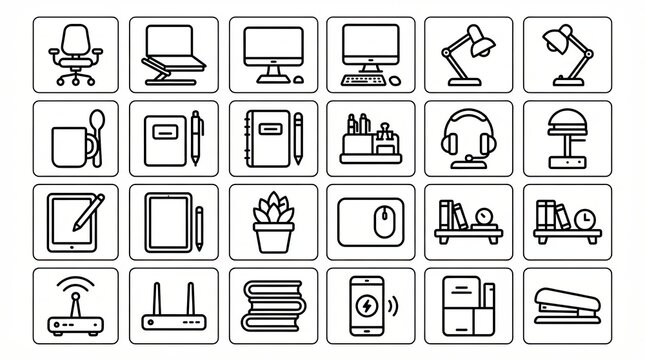 Set of office and workspace line icons for business and design projects