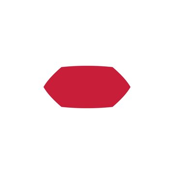 A flat crimson red horizontal oval badge stretches sideways in scale while forming six distinct angular vertices to become an elongated hexagon