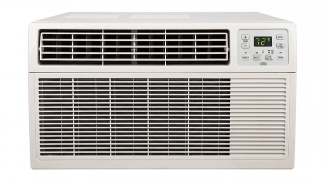 White window air conditioner unit showing digital temperature control panel isolated against a clean on white background