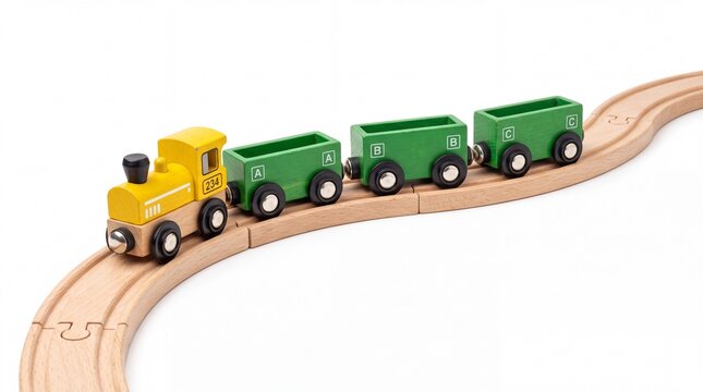 Bright wooden toy train engine with green cargo cars traveling along curved tracks on white background