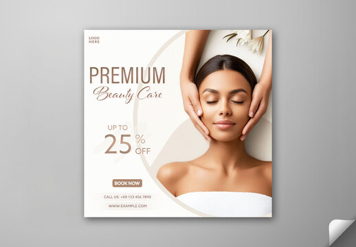 Editable Premium Beauty Care Advertising Social Media Post Template with Up To 25 Percentage Discount Offer and Young Woman in Spa.