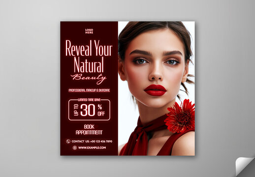 Editable Natural Makeup and Skincare Service Beauty Parlour Advertising Social Media Post Template with Up To 30 Percentage Discount Offer and Beautiful Young Woman.