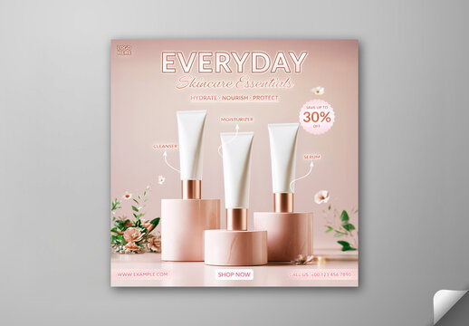 Editable Everyday Skincare Product Advertising Social Media Post Template with Save Up To 30 Percentage Discount Offer and Cosmetic Tube.
