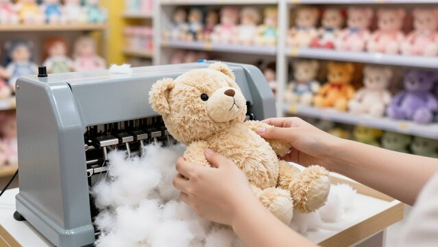 A person carefully stuffs a plush teddy bear with white polyester fiber using an industrial stuffing machine in a toy store.