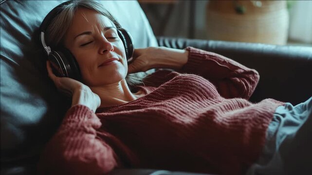 Woman relaxes with headphones on couch, eyes closed. Warm tones highlight peaceful, intimate moment. Soft lighting enhances tranquil, cozy atmosphere. Her expression conveys calm and contentment