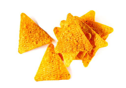 Tortilla chips pile isolated on white background, top view