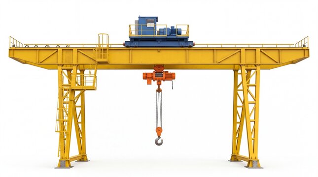 Industrial yellow overhead gantry crane featuring blue operator cabin and metal chain on white background