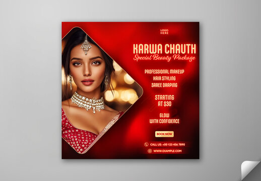 Editable Karwa Chauth Special Festival Offer for Beauty Parlour Advertising Social Media Post Template with Special Bridal Makeup Package.