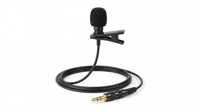Black lavalier lapel microphone with long audio cable and jack plug isolated on white background