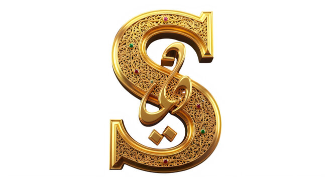 Elegant golden dollar sign symbol with intricate decorative patterns isolated background transparent background