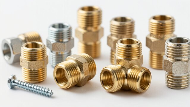 Collection of brass and chrome plumbing fittings with threaded connections, including elbows, tees, and a screw, displayed against clean background.