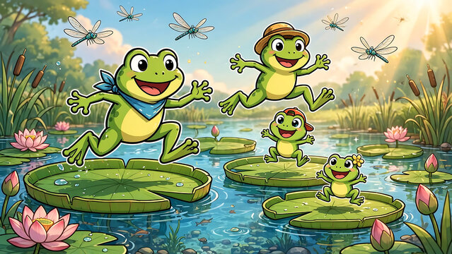 Cheerful cartoon frogs jumping happily across lily pads in a sunny pond filled with blooming lotus flowers and dragonflies