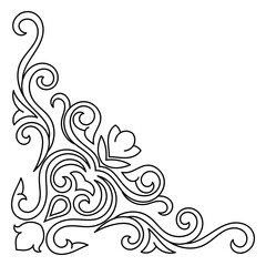 Fototapeta premium Damask decorative ornament, vintage corner accent, black line art.
