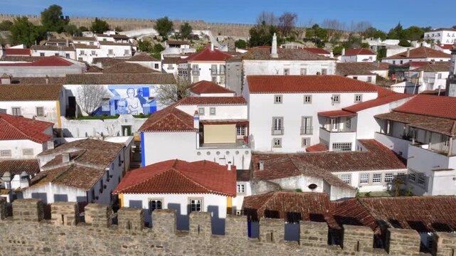 Obidos Castle At Obidos In Leiria Portugal. Historical Village. Medieval Castle. Aerial of Obidos, Portugal at Sunny Day