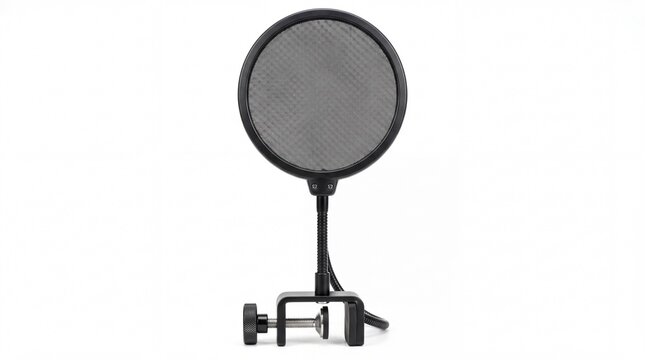 Professional black studio microphone pop filter shield hardware tool isolated against simple bright on white background