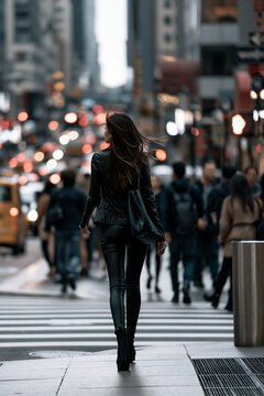 woman walking through a busy city street, urban lifestyle with female pedestrian in motion, contemporary city life and everyday urban movement