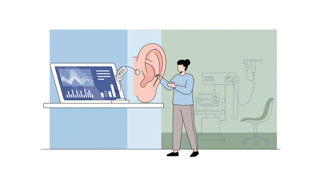 Audiologist examining ear with hearing aid and diagnostic equipment