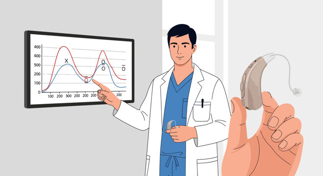 Doctor explaining hearing test results and showing hearing aid
