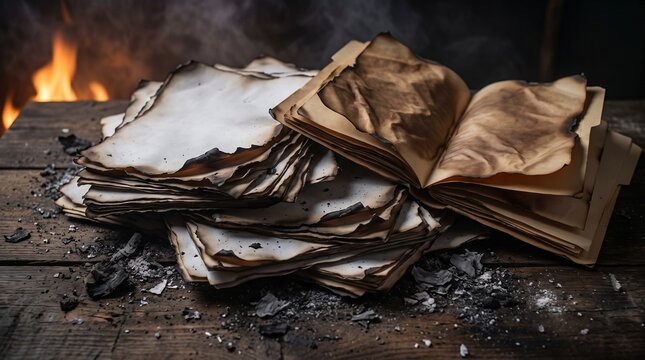 Burnt blank papers and damaged book on wooden table with fire background