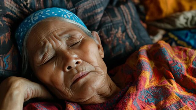 An elderly Asian woman, wearing traditional attire, sleeping peacefully.