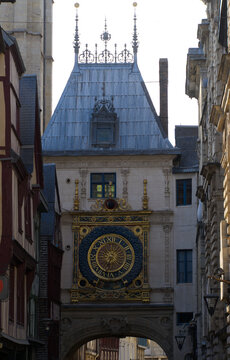 Famous Gros-Horloge medieval clock at the old town of French city of Rouen on a sunny summer day. Photo taken July 13th, 2026, Rouen, Normandie, France.