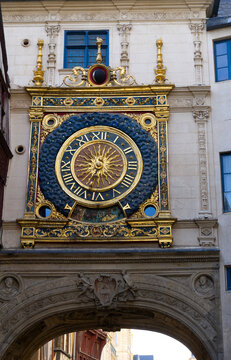 Famous Gros-Horloge medieval clock at the old town of French city of Rouen on a sunny summer day. Photo taken July 13th, 2026, Rouen, Normandie, France.