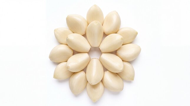 Fresh peeled garlic cloves arranged in a beautiful flower pattern formation flat lay on white background