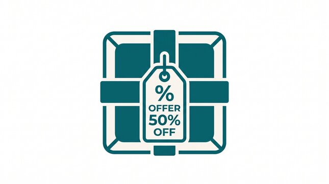 Teal gift box and discount tag icon with 50 percent off label. Sale sign. 2 gift vector graphics for store promotion.