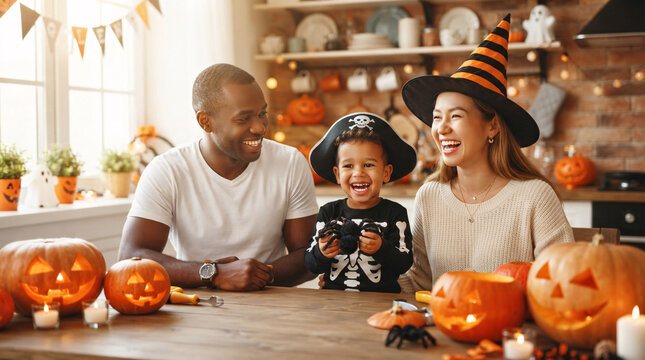 A joyous family celebrating Halloween with spooky decorations and costumes at home Isolated on transparent