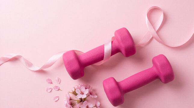 Pink fitness dumbbells paired with a breast cancer awareness ribbon and delicate flowers on a soft pink background, symbolizing health, strength, and support.