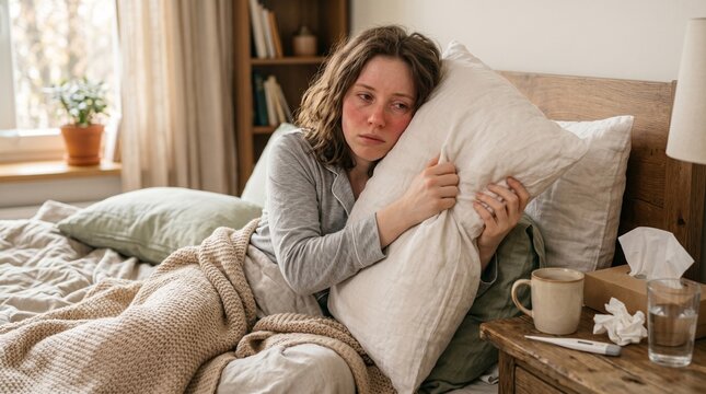 Sick young woman resting in bed holding a white pillow with messy hair and red cheeks