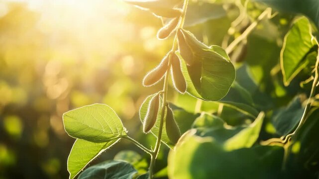 Closeup shot of green beans growing on a plant during the day with sunlight filtering through leaves.