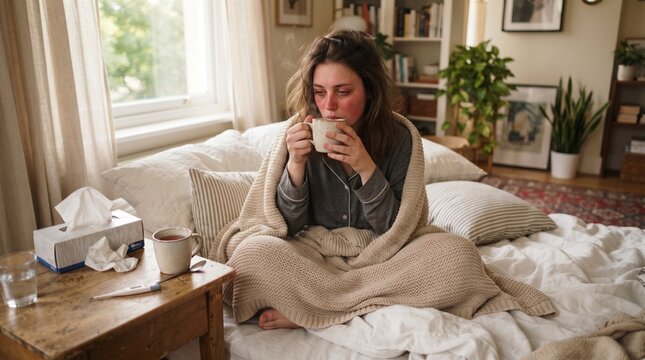Sick young woman resting in bed wrapped in beige blanket while drinking hot herbal tea