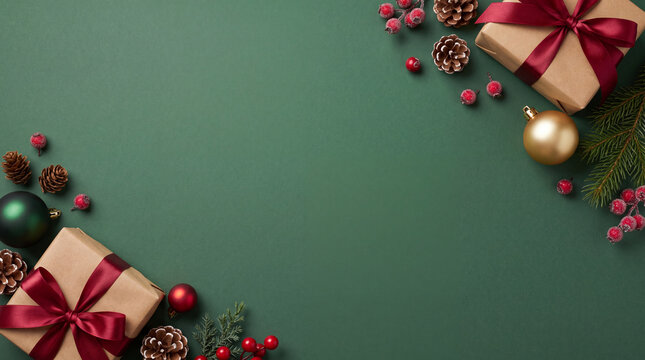 Flat lay composition of Christmas decorations including wrapped gift boxes, pine cones, red berries, and baubles on a dark green background with copy space.